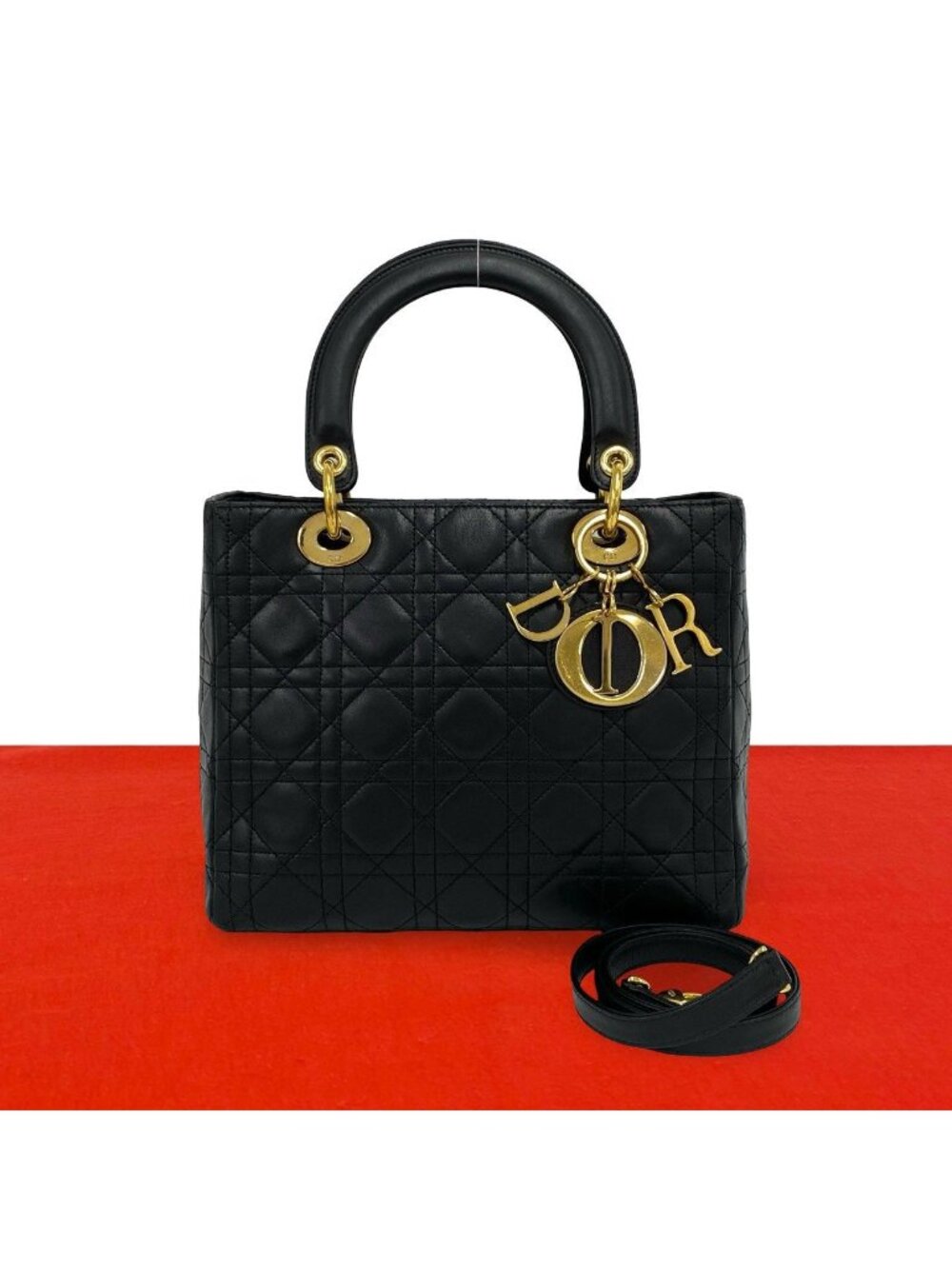 Dior Vintage Lady Lambskin 2-Way Shoulder Bag Black